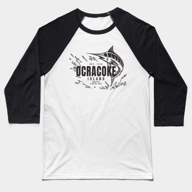 Vintage Marlin Fishing at Ocracoke Island, North Carolina Baseball T-Shirt by Contentarama